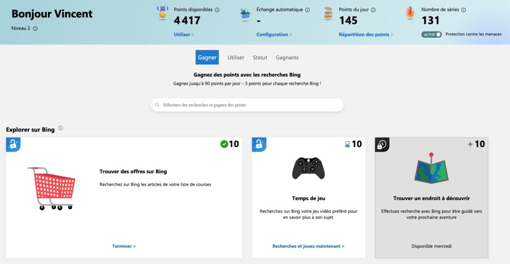 Microsoft Rewards tableau de bord Tableau de bord Microsoft Rewards avec possibilité de gagner des points avec la recherche et les activités