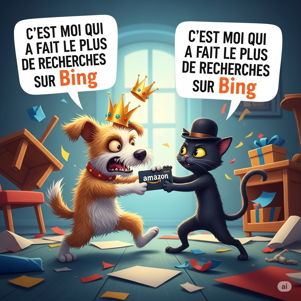 dessin-humour-microsoft-rewards-ai Dessin humoristique sur Microsoft Rewards et Bing : deux personnages se disputent une carte cadeau Amazon