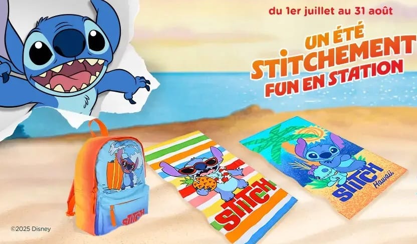 Cadeaux Stitch dans les stations Total Des sacs à dos et serviettes de plages Stitch chez Total Energies